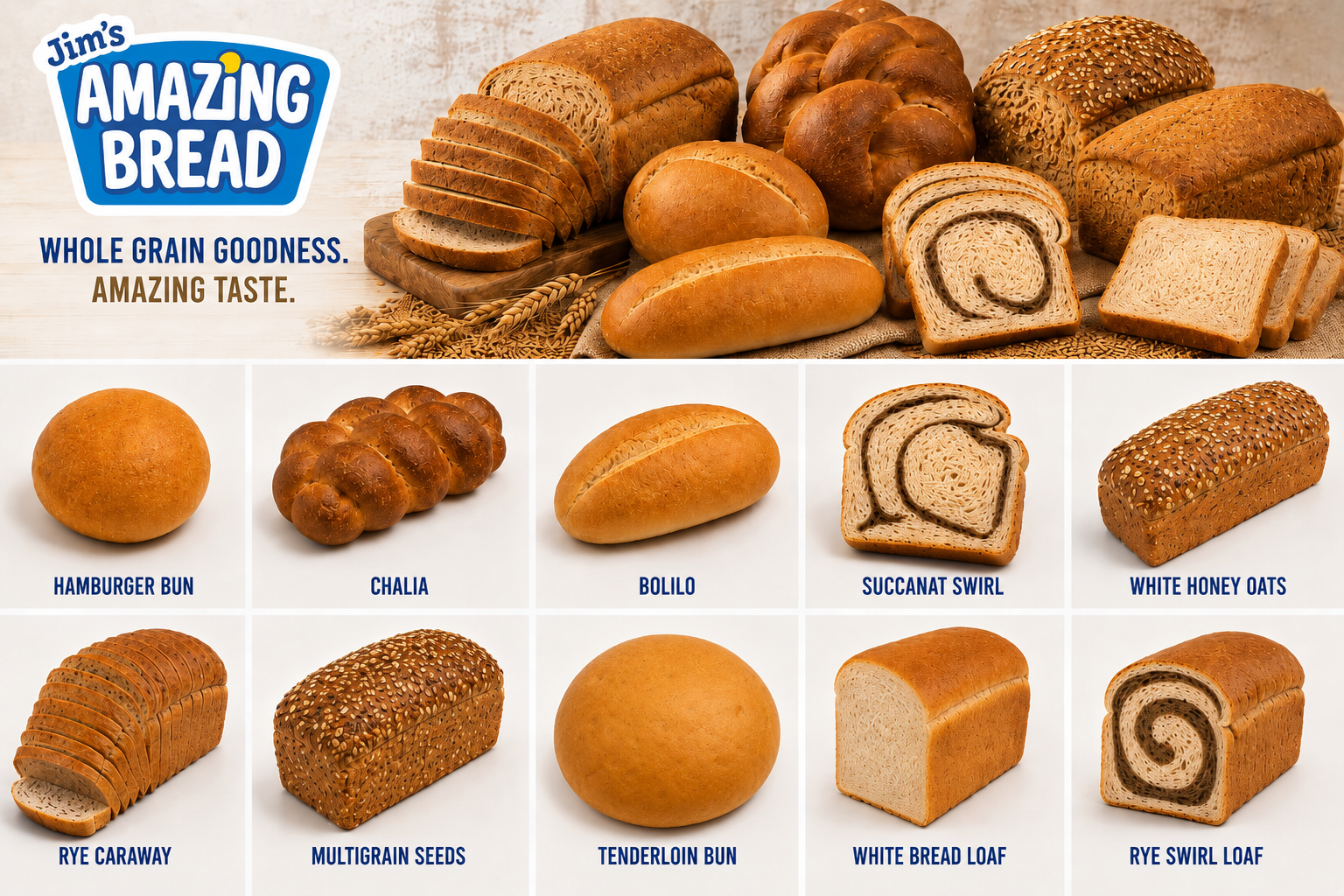 image of Jim's Amazing Bread's wholesale lineup of products